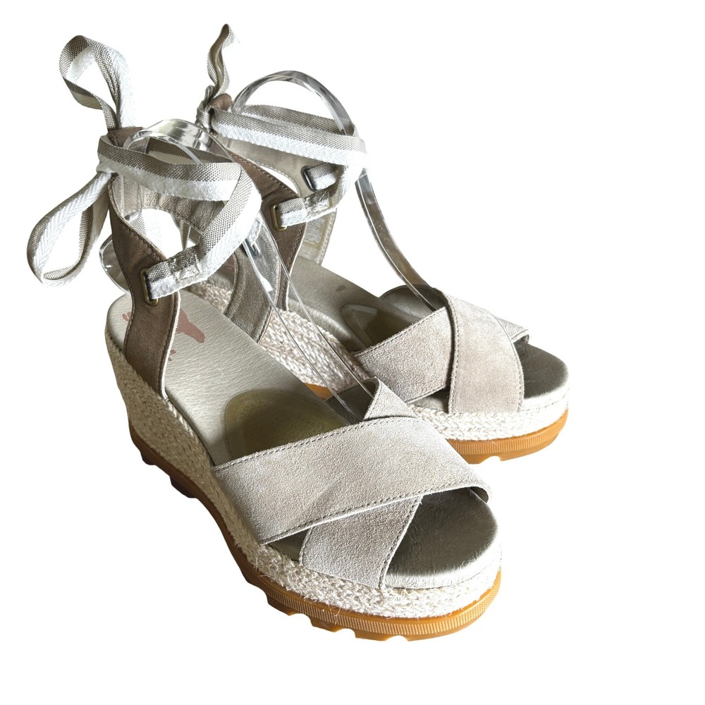 Sorel Size 8.5 Wedge Espadrille Sandals Tan Suede Lace Up Platform Boho Sole